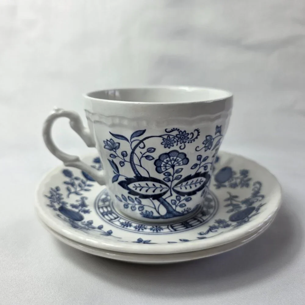 Wedgwood Blue Heritage Cup and Saucers (1 Cup 2 Saucers) White Blue Onion Design